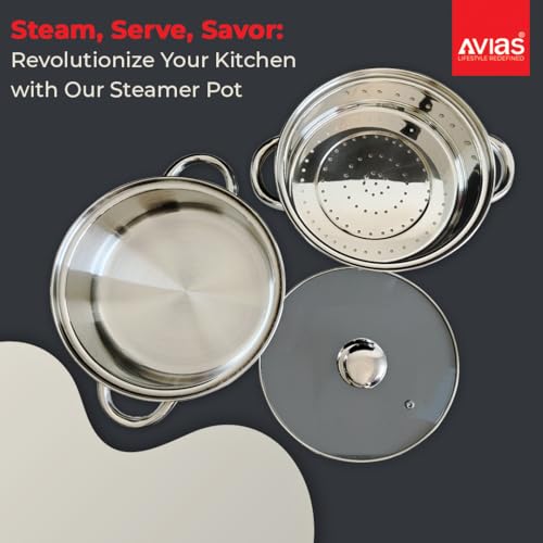 Image of Avias Spectra Stainless Steel Steamer / 22cm for Cooking Vegetable Idli Modak Momo with Strong Side Handles for Easy Use Food Steamer /Cookware Set of 1 / Shiny Mirror Finish / 22cm