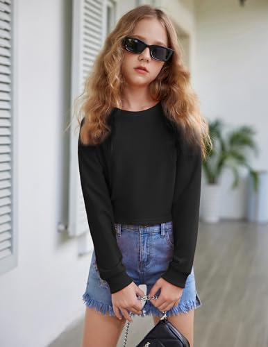 Image of Arshiner Girls Crop Tops Kids Long Sleeve Pullover Sweatshirts Girls Cropped Crewneck Sweatshirt for Teen Girl