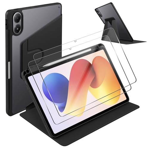 NEWZEROL Schutzhülle + 2 Stück Displayschutzfolie aus Gehärtetem Glas Kompatibel für Xiaomi Redmi Pad 2 Pro 12.1 Zoll Kratzfeste 9H Ultra Klar Schutzfolie 360 Grad Drehbare Hülle