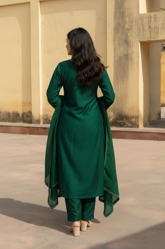 Image of ANNI Designer Women Ethnic Kurta Pant Set Rayon Viscose Straight Fit Solid Embroidered Dupatta Traditional Indian Wear Outfit Suitable Casual Festive Office Styling