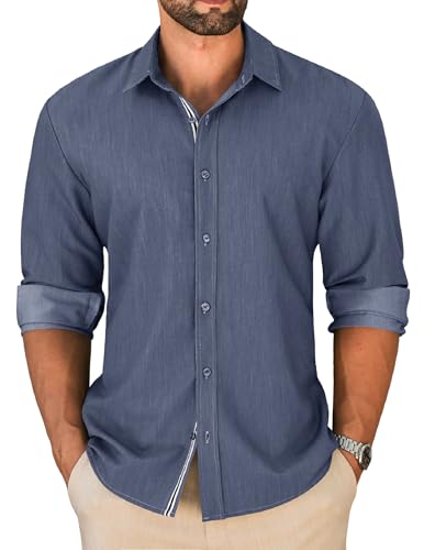 Business Casual Shirt Men Long Sleeve Button Down Stretch Wrinkle Resistant