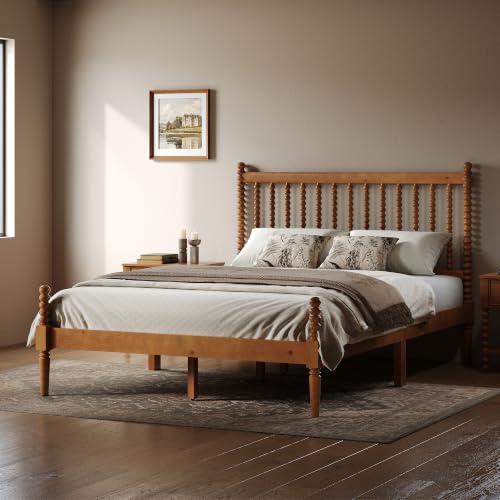 Image of AMERLIFE Queen Solid Wood Bed with Bobbin Spindle Headboard, Brown