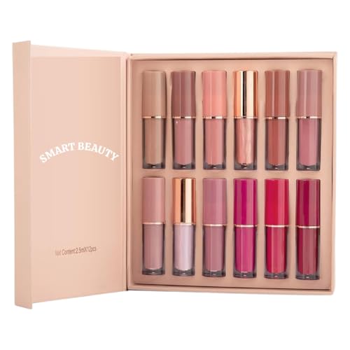 Smart Beauty 12-Piece Liquid Lipstick Set, Matte Finish, Pink and Nude Shades, 2.5ml Each