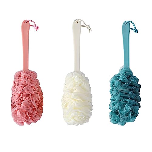 3 Pack shower sponge with handle,mesh bath brush with long handle,for bathroom accessories for men and women.Perfect for Relaxing Muscles for Men and Women(Blue,pink,beige)