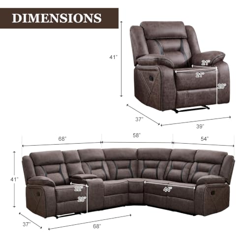 Image of EBELLO Faux Leather Reclining Sectional Sofa Set for Living Room, 1 Recliner Chair and L-Shaped Reclining Couches Home Furniture Set with Center Console, Hidden Cup Holders and Storage, Grey