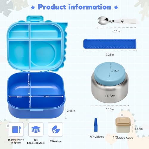 Image of Pawtong Bento Lunch Box with Thermo, 4-Compartment Bento Box with Adjustable Dividers, Leakproof Dinosaur Lunch Box with 14.2OZ Insulated Food Jar & Sauce Jar, for School Office Travel (Blue)