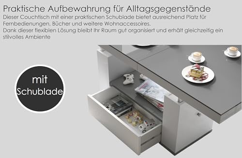 designimpex HM-111 Couchtisch Grau Hochglanz/Weiß Hochglanz ausziehbar höhenverstellbar 120/170cm Schublade modern Wohnzimmertisch Esstisch Beistelltisch Sofatisch platzsparend hochwertig Wohnzimmer – Bild 6