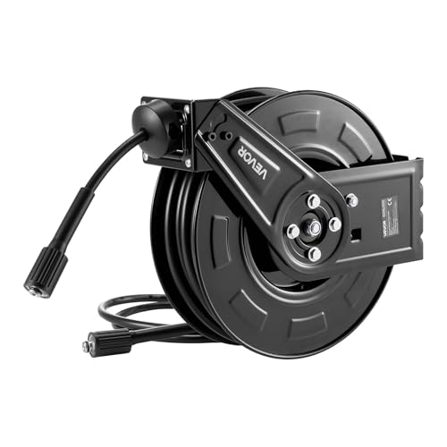 VEVOR Pressure Washer Hose Reel, 60 ft x 1/4 inch Retractable Power Heavy-Duty Steel Washer Hose Reel, 4000PSI Max, Auto-Rewinding, Flexible Wall/Floor Mounted for Car Washing,Garden,Floor Cleaning