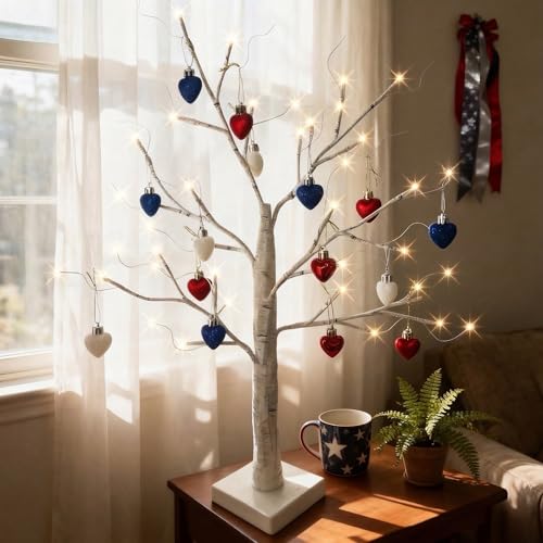 HipTree Mini Patriotic 4th of July Tree Ornaments Decorations 20ct 1.18 Inch Red White Blue Heart Shaped Baubles for Memorial Day Independence Day Veterans Day Flag Day American Party Decorations