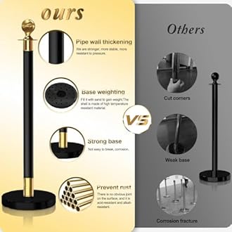 8PCS Black-Gold Stanchions Posts with 4PCS 5 ft Red Velvet Rope, Red Velvet Rope Stanchion Set Crowd Control Barriers, Stanchions and Velvet Ropes Red Carpet Poles for Party Supplies