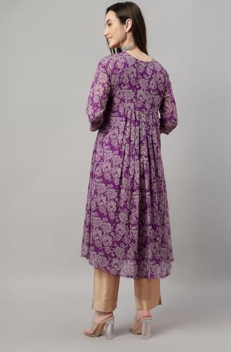 Image of Janasya Women's Chiffon Lurex Floral Printed A-line Kurta