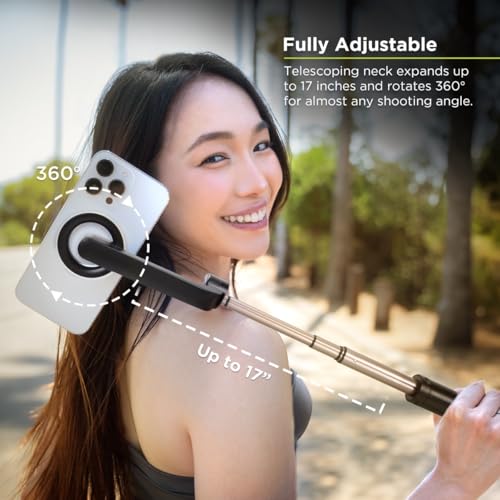 PureGear Magnetic Selfie Stick Tripod Stand with Wireless Remote, Compatible with MagSafe for iPhone 16/15/14/13/12 Series and Android Phones, Extendable Tripod Mount and Stand (Black) - Thumbnail 5