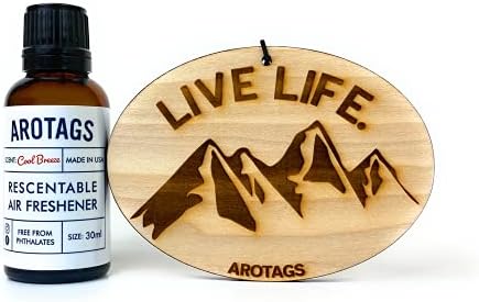 Arotags Wooden Car Air Freshener - Long Lasting Cool Breeze Scent Diffuses for 365+ Days - Includes Live Life Mountain Hanging Mirror Diffuser and Fragrance Oil - 100% American Made