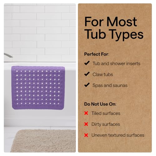 Image of GORILLA GRIP Patented Bath Tub Shower Mat, Machine Washable Bathtub Floor Liner Mats, Suction Cups and Drain Holes to Keep Tubs Clean, Soft on Feet, Bathroom Essentials, 35x16 Inch, Purple Opaque
