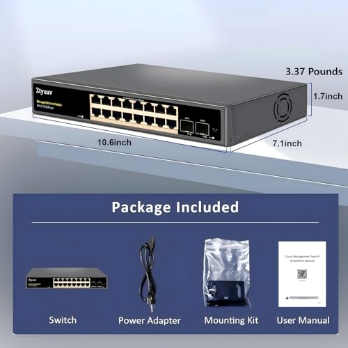 Image of 18-Port Full Gigabit Easy Smart Managed Ethernet Switch-16 RJ45 Ports & 2 SFP Ports, Web & APP Managed, VLAN /QoS /IGMP /LAG /TELNET /CLI Supported, Home Office Network Hub, Metal Plug & Play