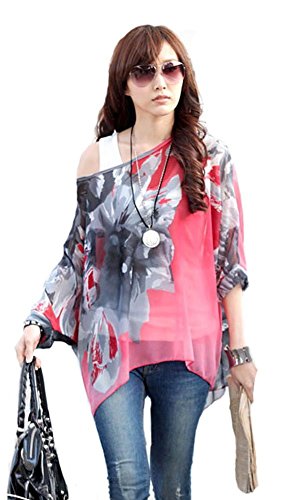 Mujeres Blusa Batwing Manga Corta Túnica de Gasa Blusa Camiseta Top 3/4 sin Chaleco