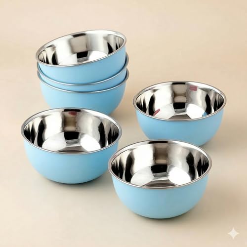 Image of Zaib Stainless Steel and Plastic Coated Microwave Safe Bowls | Multipurpose Storage Containers | No Lid | Capacity - 500 ML (14 CM- 6 Pcs Blue)