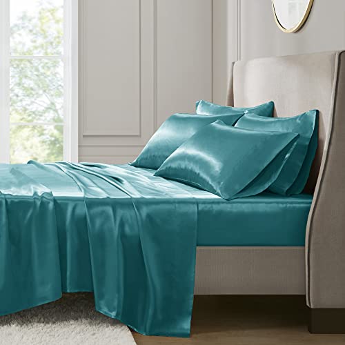 Image of Madison Park Essentials Satin Sheets Full Size Bed Set, 6 Piece, Teal | Luxury and Smooth Silky Bedding with Natural Sheen, All Around Elastic 14 inch Pocket fits up to 16 inch Mattress, Year-Round Cozy