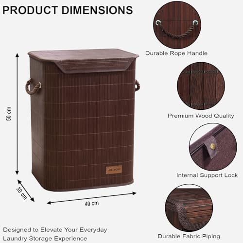 Image of Luxe Home Laundry Basket for Clothes, Premium Bamboo Big Storage Bag with Lid and Side Handle Multipurpose Used In Laundry Rooms, Bedrooms, Bathrooms (40x30x50 cm, Brown)
