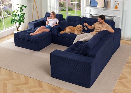 Image of MAXYOYO Modular Sectional Sofa with Ottoman and Loveseat, Cloud Boneless Couch with Layered Cushion, Flexible Module Combination Sofa for Living Room, No Assembly Required,Navy