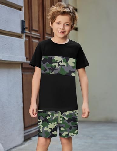 Image of Arshiner Boys' 2-Piece Cotton Outfit Color Block T-Shirt and Shorts Set Summer Camo Clothes for Kids 5-14 Years