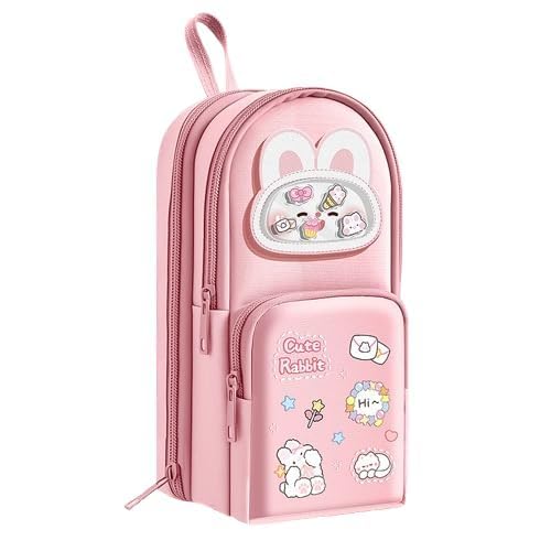 Image of Three Layer School Bag-Shaped Pencil Pouch, Large-Capacity Pencil Pouch with Zipper, Multipurpose Pen & Pencil Case for School Supplies for Boys & Girls (Pack of 1) (Pink Bunny)