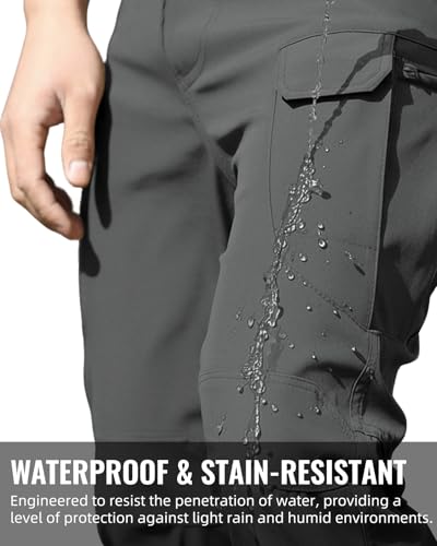 LRYXXX Men\'s Tactical Pants Stretch Waterproof Fabric Durable Cargo Pants for Hiking Casual Work Multi Pockets (No Belt),Dark Gray