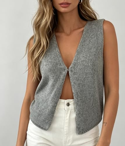 Image of Womens Vintage Knittd Tank Y2k Vest Crop Top Sleeveless V-Neck Open Front Button Crochet Knit Vests Versatile Tops