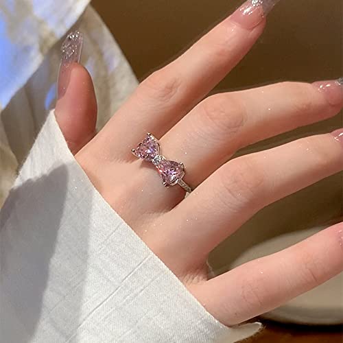 Pink Crystal Bow Knot Open Statement Rings for Women Diamond CZ Eternity Promise Band Engagement Wdding Rings Stacking Finger Band Adjustable Dainty Jewelry Gifts2