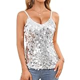 JASGOOD Sequin Tops for Women Sparkly Tank Top Vest Sleeveless V Neck Glitter Strappy Camisole Concert Outfits Party Night, Silver, XS