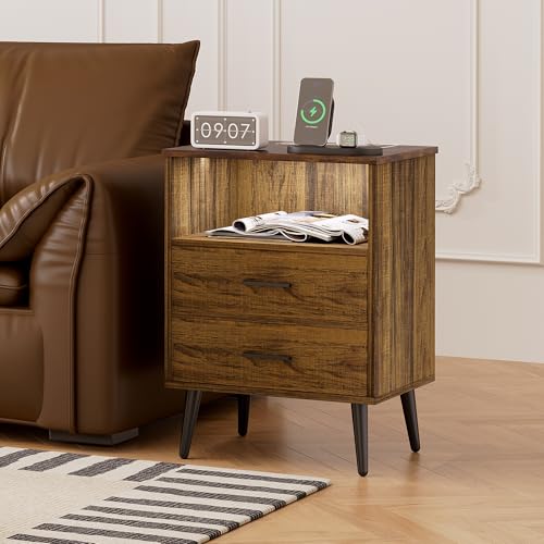 LVSOMT Nightstands Set of 2, Nightstand with Charging Station and USB Ports, Rustic Brown Bedside Table with Open Shelf, Mid Century Modern Nightstand with 2 Drawers, Night Stands for Bedroom