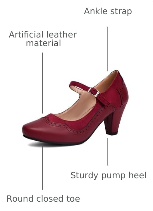 Image of Elerhythm Women's Mary Jane Classic and Retro 1920s Pump Heels Gatsby Oxford Pattern 1950s Pinup Vintage Round Closed Toe 1940s Ankle Strap Dress Shoes