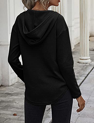 Morhuduck Women's V Neck Hoodies Long Sleeve Sweatshirt Drawstring Pullover Tops With Pocket (Black M) #TOP1