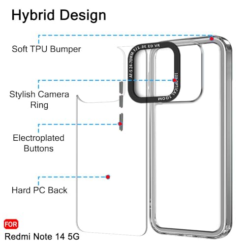 Image of TheGiftKart Hybrid Shockproof Back Cover Case for Mi Redmi Note 14 5G | Stylish Camera Border | Electroplated Buttons | Crystal Clear Hard Back Cover Case (TPU & PC, Smoked Bumper)