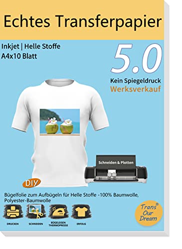 TransOurDream Echte Inkjet Transferfolie(Folie ist durchscheinend),Bügelfolie für helle Textilien,Kein Spiegeldruck,DIN A4X10 Blatt,T-Shirt Papier für helle Stoffe(2-5.0-10) Cover