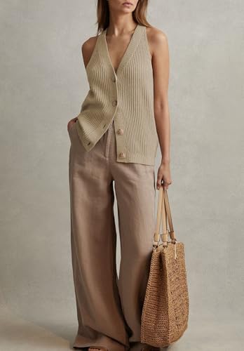 Image of Womens Button-Front Sweater Vest Top V Neck Sleeveless Knit Tank Fitted Halter Raceback Cardigan Vest