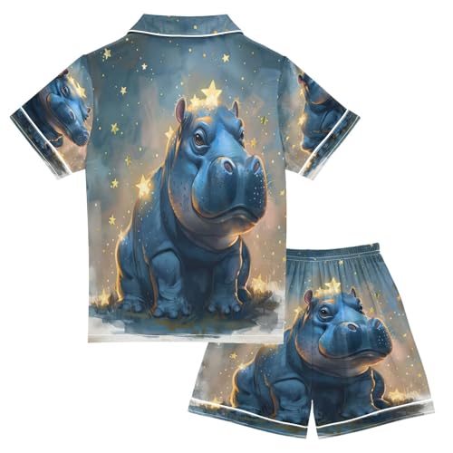 Satin Pajama Sets Short Sleeve Starry Hippo Night Sky Button Down Silky Nightwear 2 Piece PJS 5-14Y2