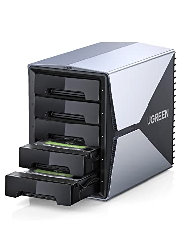 UGREEN RAID Festplattengehäuse 5 Bay Raid Gehäuse Docking Station für 3.5/ 2.5 Zoll HDD SSD Festplatte Gehäuse unterstützt RAID 0/ 1/3/ 5/10/JBOD/Span/Clone/PM mit leiser Lüfter