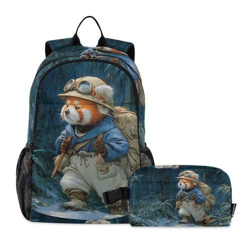 Backpack Lunch Bag Set for Travel Hiking Picnic, Red Panda Anime Print Backpacks with Insulated Lunch Box