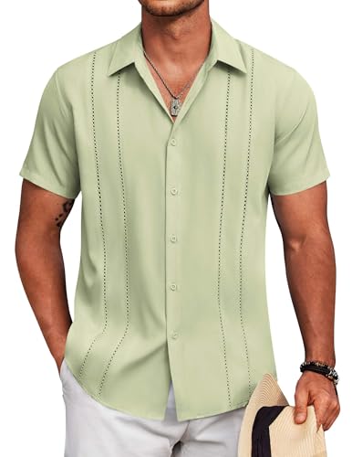 Image of COOFANDY Mens Cuban Guayabera Shirt Short Sleeve Button Down Shirts Summer Beach Vacation Shirts