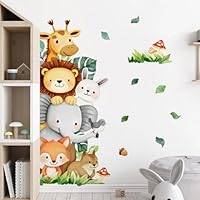 Yovkky Jungle Animals Wall Decals Stickers, Safari Giraffe Lion Elephant Fox Bunny Squirrel Bird Toddler Baby Nursery Decor, Tropical Monstera Mushroom Acorn Home Decorations Kids Bedroom Playroom Art