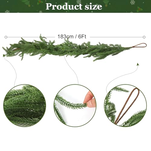 4 Pcs Artificial Norfolk Pine Garland, 6FT Christmas Real Touch Winter Pine Garlands Realistic, Green Greenery Garland for Mantle, Stairs, Fireplace, Wall, Door, Table, Indoor Holiday Xmas Decortions by YIJXPOIN - Image 2