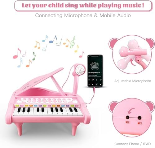 Love&Mini Piano Keyboard Toy for Girls - 24 Keys Toddler Music Toy Instrument with Microphone, Pink Piano Toy for 3+ Years Old Girls Birthday Gift - 2
