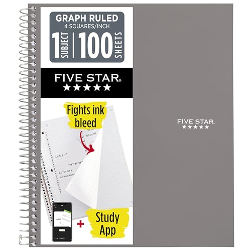 Five Star Spiral Notebook + Study App, 1 Subject, Graph Ruled Paper, 8-1/2' x 11', 100 Sheets, Fights Ink Bleed, Water Resistant Cover, Gray (620000AA3)