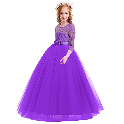 Image of Girls Flower Vintage Floral Lace 3 /4 Sleeves Floor Length Dress Wedding Party Evening Formal Pegeant Dance Gown