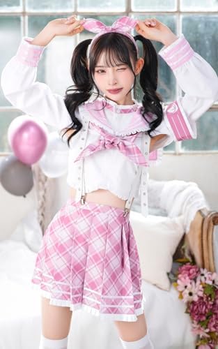 [Malymoon] コスプレ 制服 セーラー服 サスペンダー パステル チェック柄 衣装 仮装 マリームーン 7点セット 9934 詳細画像5