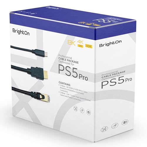BrightOn - Optimized Set Compatible with PS5 PRO | 8K HDMI 2.1 HDR 8K@60Hz/4K@120Hz Gold Plated | CAT 7 Super High Speed Gold Plated | Fast Charge Cable (PS5 PRO)