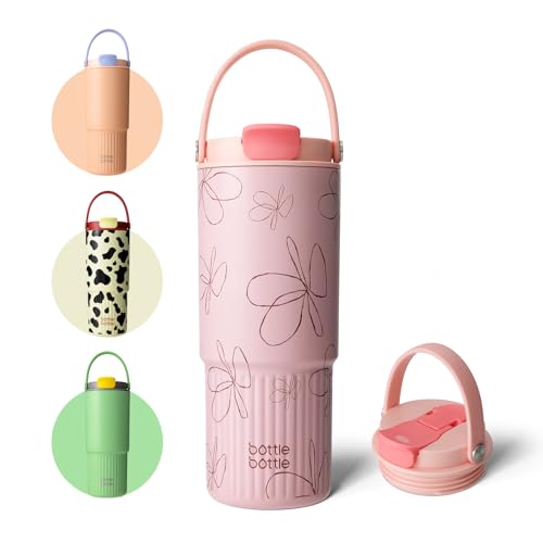 BOTTLE BOTTLE Thermobecher mit Strohhalm und Griff für Schule, Auto, Sport, Zuhause, Büro, Reisebecher, 760 ml (Blume) 1