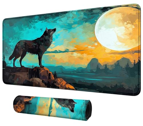Image of Card Mat for MTG & TCG Playmat,Large TCG Playmat 24x14 Inch MTG Mousepad Non-Slip Waterproof Desk Mat with Stitched Edges for Trading Card Game Gaming OfficeWolf Moom