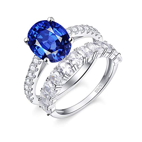 BONLAVIE Womens Silver Engagement Wedding Ring Set 925 Sterling Silver Created Blue Sapphire Bridal Ring Set Size 8